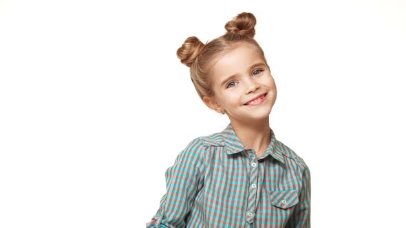 Young Beautiful Adorable Caucasian Kid Girl in Plaid Shirt Smiling and Showing Okwith Two Thumbs on alt
