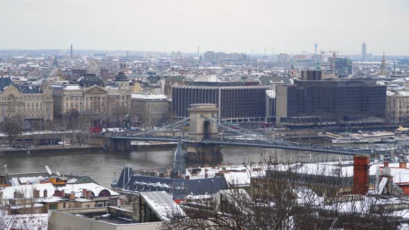 View From the Hill to the Chain Szechenyi Bridge Across the Danube River