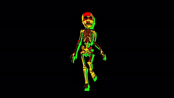 4K Cartoon walking skeleton with alpha