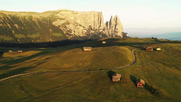 Sunrise drone aerial video in the Dolomites mountains alt