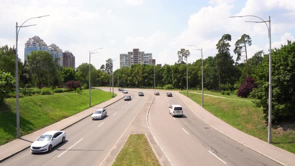 Busy Traffic Of Cars On The City Road, View From The Bridge
