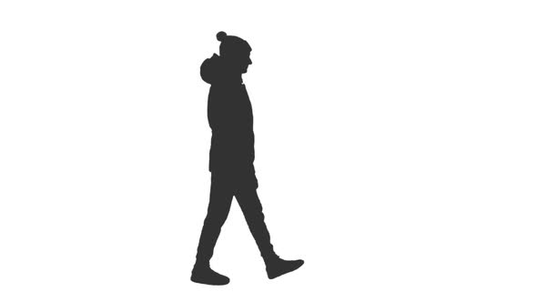 Silhouette of a Woman in a Jacket with a Hood Walks in the Street, Alpha Channel alt