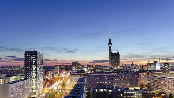 Night Time Lapse Aerial View of Berlin City Skyline Alexanderplatz Day to Night, Berlin