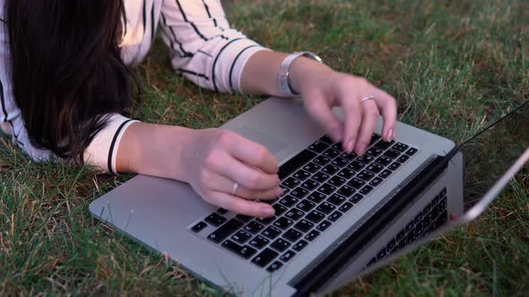 Freelancer Working with Laptop Outdoor Typing Woman Hands Close Up