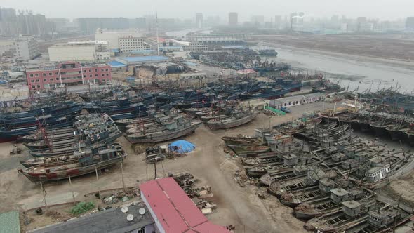 Aerial photo of abandoned folk shipyard in Dandong, China alt