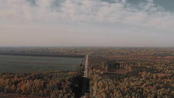 Traffic cars on asphalt road with between forest and green fields alt