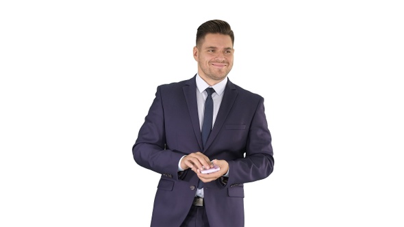 Man in suit walking and counting money on white background. alt
