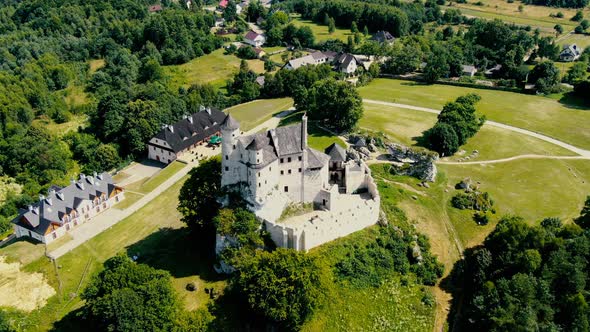 Morning aerial view on the medieval royal castle Bobolice. Poland. High quality 4k footage alt