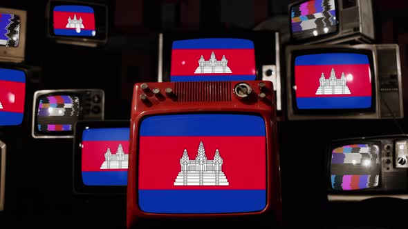 Flag of Cambodia on Retro TVs. 4K.