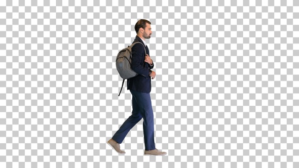 Handsome young businessman with backpack walking, Alpha Channel alt