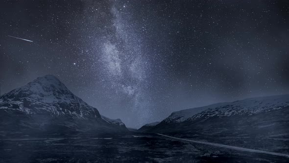 Highlands at night with milky way, Scotland, timelapse alt