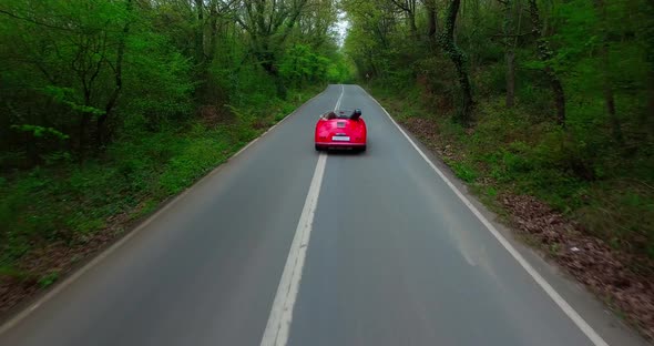 Red Vintage Car And Road Drone View