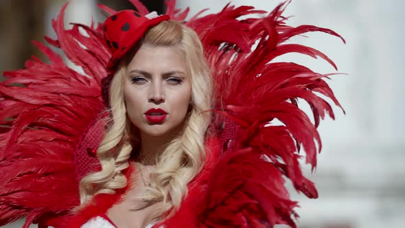 Fantastic Fairy Blonde Woman Dressed Fairytale Suit is Walking at Nature alt