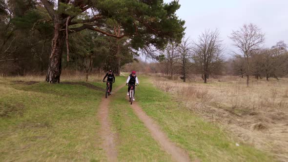 Slow Motion Aerial Shot of Young Sport Men Ride Bicycles on Forest Road at Spring Cloudy Evening alt