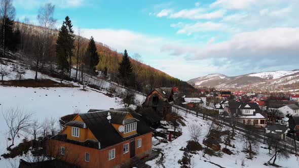 Aerial View of a Village in the Carpathian Mountains in Winter. Yaremche, Ukraine alt