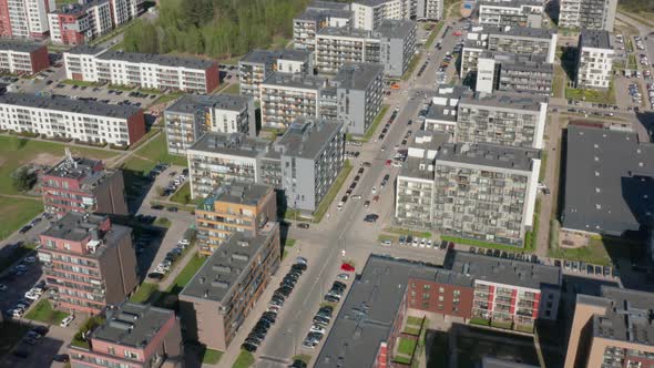 Orbiting Modern Building District with Newly Built Houses in City Suburbs