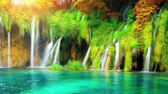 Cinemagraph Video of Waterfall Landscape in Plitvice Lakes Croatia in Autumn alt