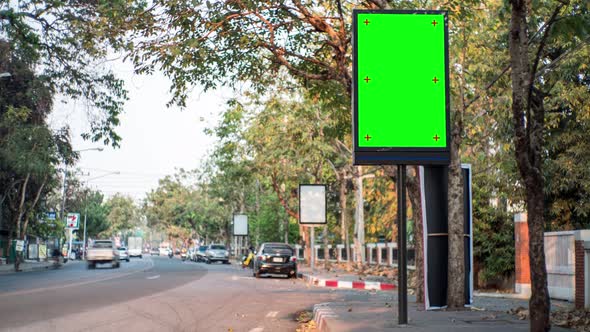 Time lapse City street Billboard stand with chroma key green screen