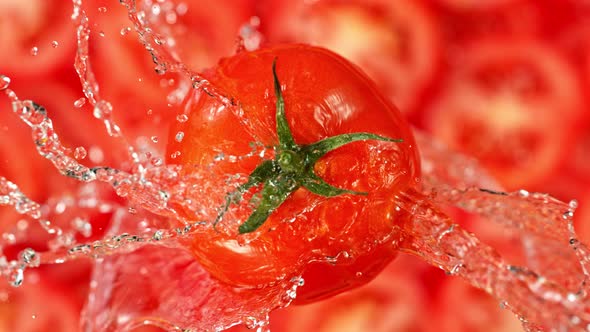 Super Slow Motion Shot of Splashing Water on Rotating Tomato at 1000Fps alt