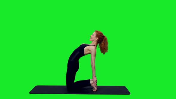 Sporty Female Practicing Yoga Exercises on Mat Against Green Screen