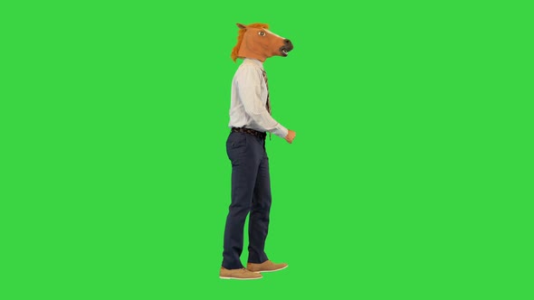 Hilarious Businessman in Horse Mask Funny Walking Make Step Dancing Comic Office Worker Go Forward