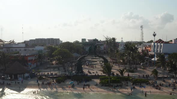 Drone Flying Towards the Portal Maya Sculpture in Playa Del Carmen alt