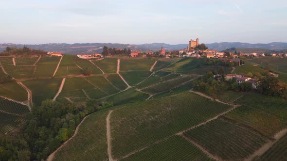 Serralunga d'Alba and Vineyards in Langhe, Piedmont Italy Aerial View alt
