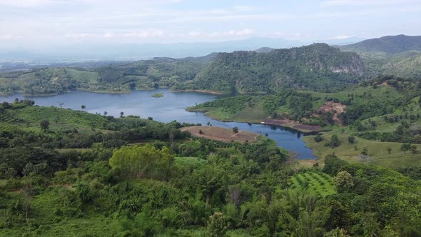 Aerial view from drone of Mae Suai Reservoir in Chiang rai province, Thailand