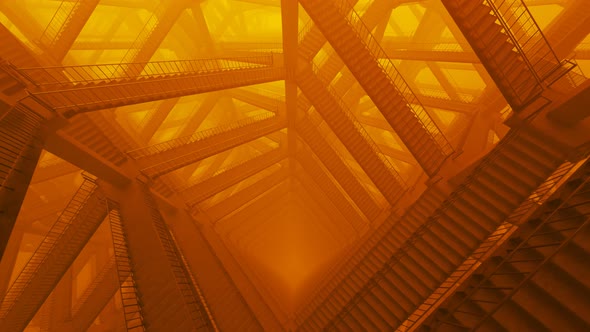 Colorful stair maze descent loop. Bright orange light and foggy atmosphere. 4K alt