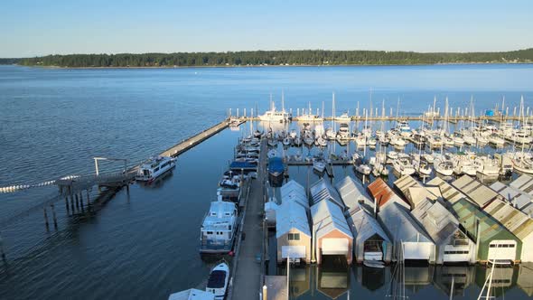 Colorful pier dock. Sailboats, boats, ships, on sunny day. Blue water, distant green trees, calm day alt