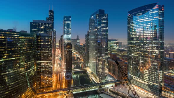 Chicago Cityscape in Winter - Sunrise Time Lapse alt