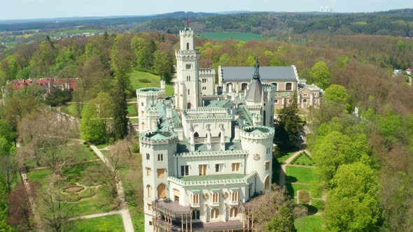 Aerial View of Historic Chateau Hluboka Castle in Hluboka Nad Vltavou with Lake on the Background alt