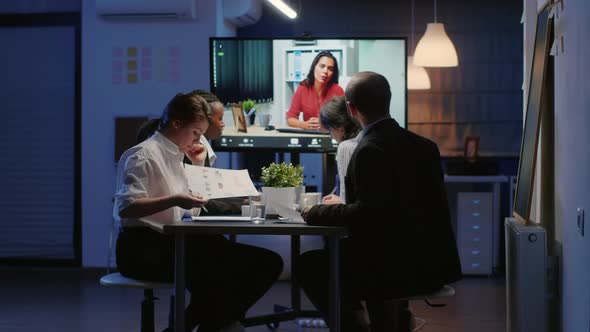 Diverse Multi Ethnic Teamwork Having Online Videocall Conference Working at Management Strategy alt