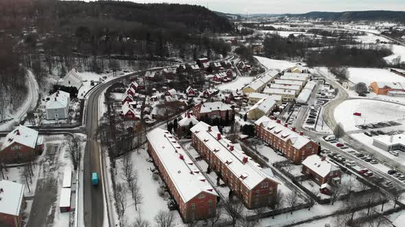 Charming Snowy Town in Sweden Residential Area Jonsered Aerial