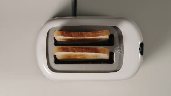 Roasted bread jump out from a white toaster on a white table