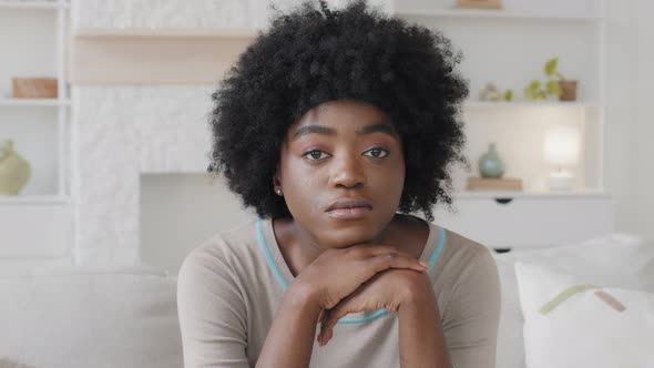 Headshot Portrait Attractive Young African Adult Woman Model Looking at Camera Seriously Upset 25s alt
