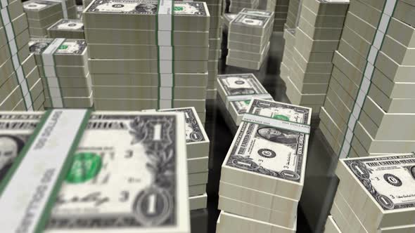 3d flight over the Dollar money banknote packs loop animation alt