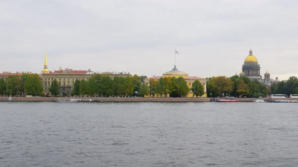 Shore of Neva River in Saint Petersburg with Old Buildings, View From River