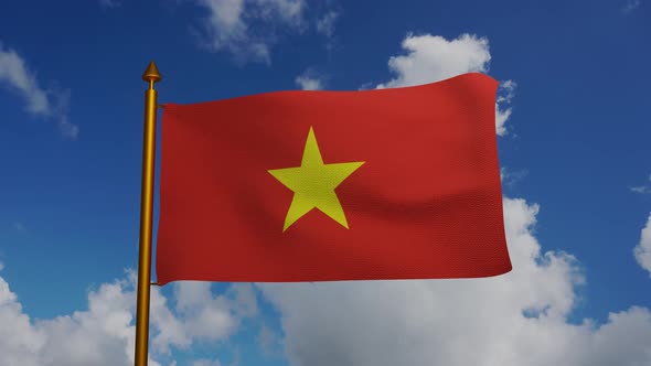 National flag of Vietnam waving with flagpole and blue sky timelapse alt