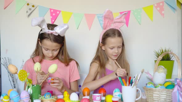 Happy Easter. Beautiful Little Kids Wearing Bunny Ears on Easter Day