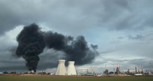 Accident in oil refinery - huge explosions and fireballs rising. Thick black smoke covers the sky. alt