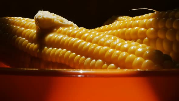 A Piece of Butter Melts on Hot Boiled Corn Dripping From the Cob Into a Bowl alt