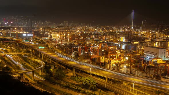 Timelapse Hong Kong Overpass Road Near Modern Harbour Cranes alt