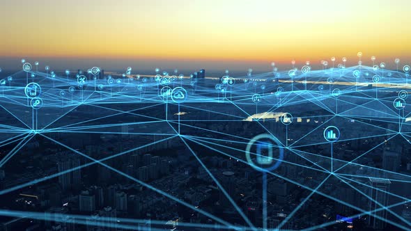 smart Connected city skyline. Futuristic network concept, city Technology. alt