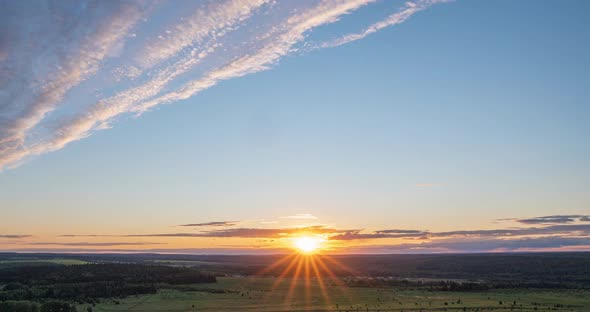 Aerial Scene of High Panoramic View at Sunset. Beautiful Clouds Blue Sky, Sun Glow Cloud, Background alt