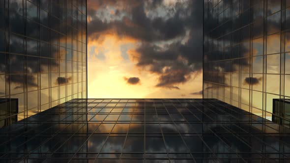 Airplane Flies Over Business Skyscrapers