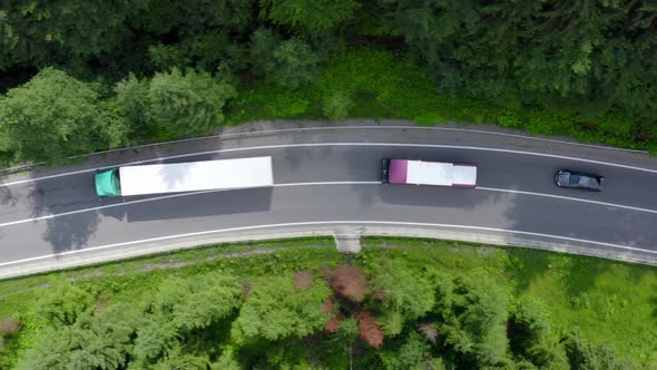 Column of a Cargo Truck Passenger Bus and Car Moves Along a Forest Road alt