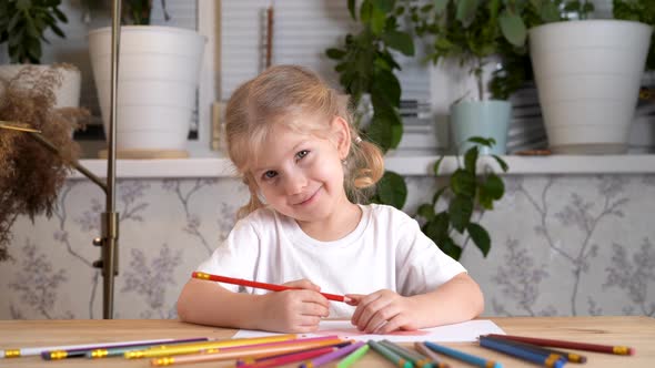 a Small Beautiful Blonde Girl with Gray Eyes and Pigtails Sits at a Table and Smiles at the Camera