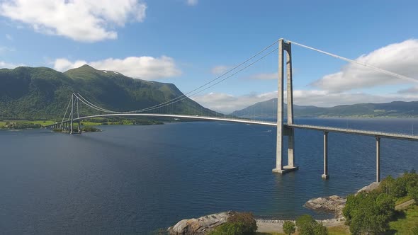 Aerial View of Big Beautiful Cable-braced Bridge Above Fjord, Norway alt