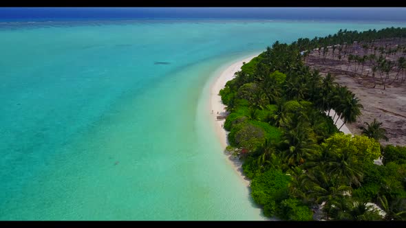 Aerial top down abstract of idyllic island beach holiday by transparent lagoon and white sandy backg alt